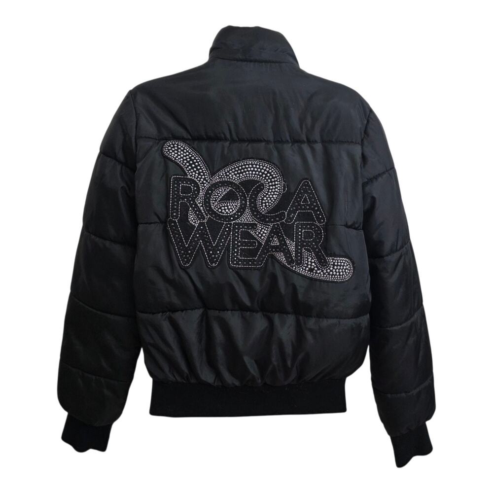 Y2K Rocawear Rhinestone Back Logo Crop Puffer Jacket Small Black Streetwear